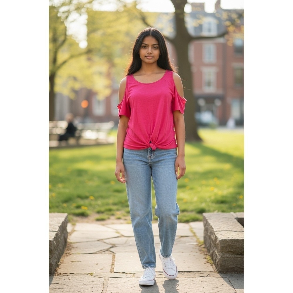 Umgee USA Women's Cold Shoulder Front Twist Knot Magenta Pink Knit Top Size L